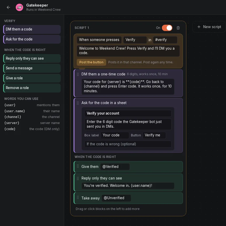 The Hearth block editor with a verify flow: when someone clicks Verify, DM them a code, then give them a role.